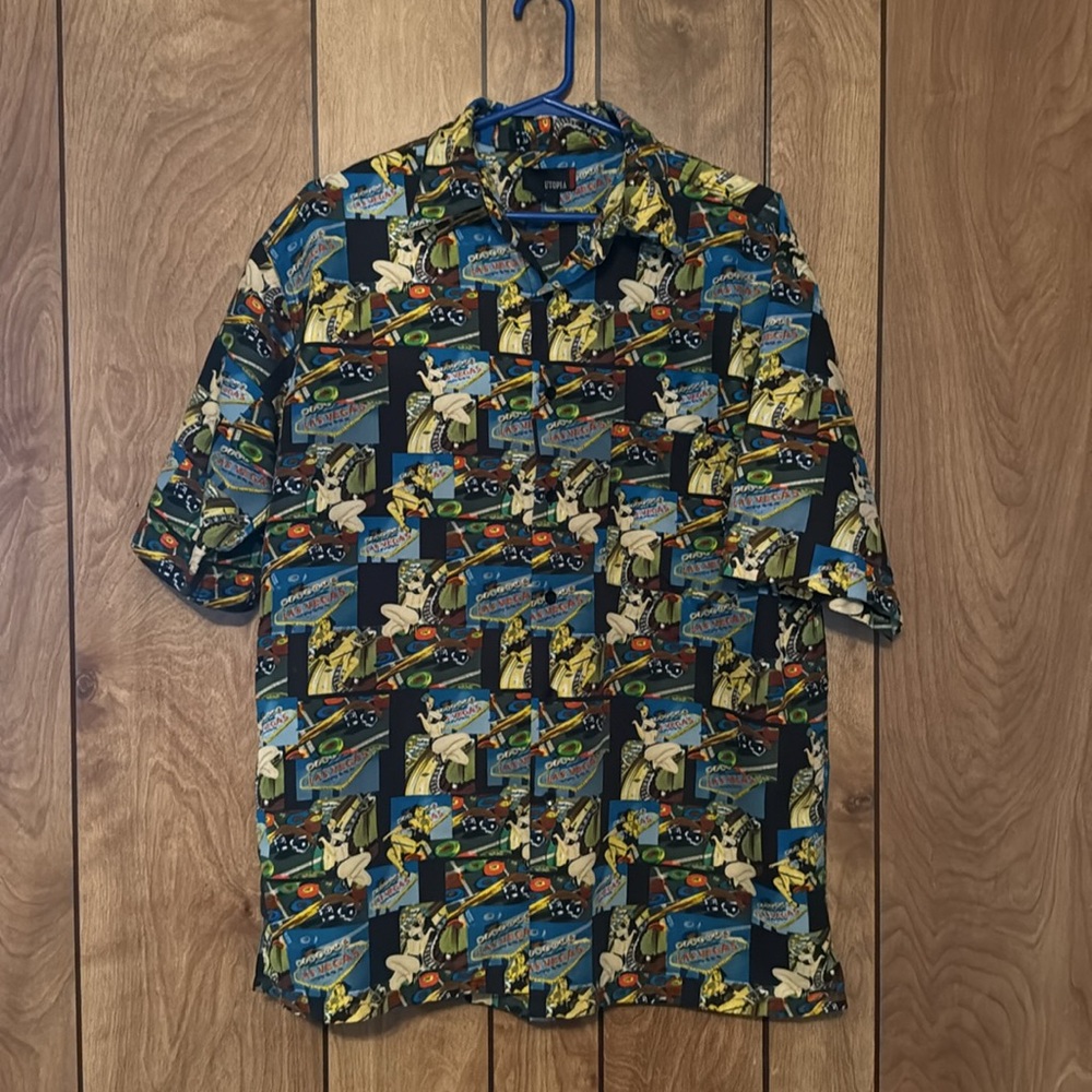 Utopia Mens Size L Multicolor Funky Las Vegas Graphic Button Down Shirt Vintage